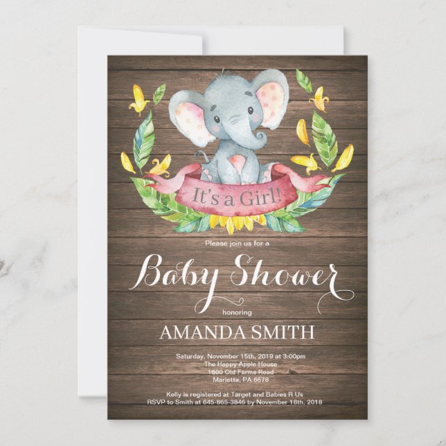 Convite de Chuvada de Bebê Elefante Menina Rústica (Frente)