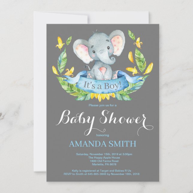 Convite de Chuvada de Bebê Elefante Menino Azul e  (Frente)
