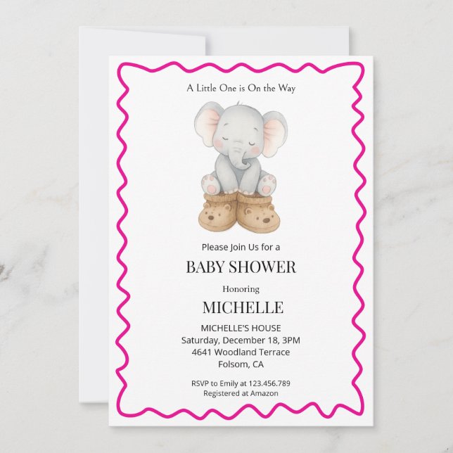 Convite de Chuvada de Bebê Elefante Rosa Fofinho  (Frente)