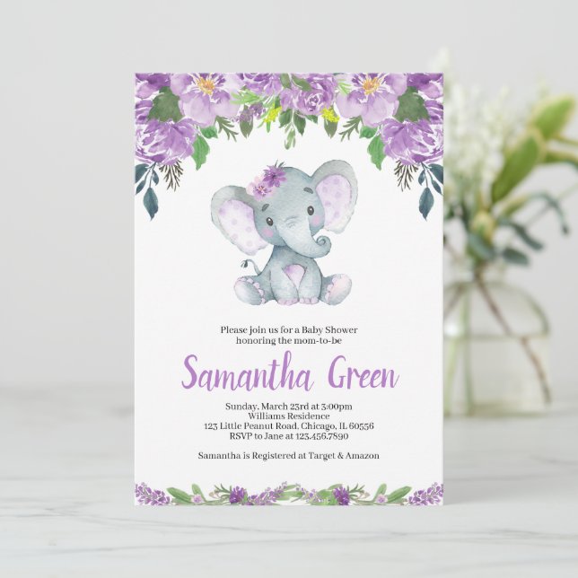 Convite de Chuvada de Bebê Elefante Roxo (Em pé/Frente)