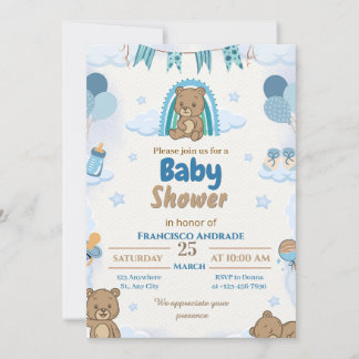 Convite de Chuvada de Bebê em Aquarela Urso do Men