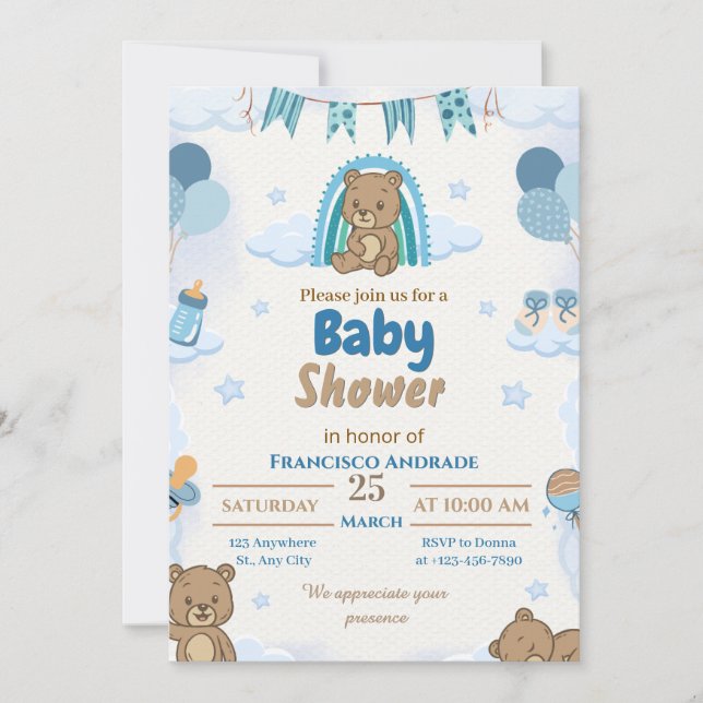 Convite de Chuvada de Bebê em Aquarela Urso do Men (Frente)