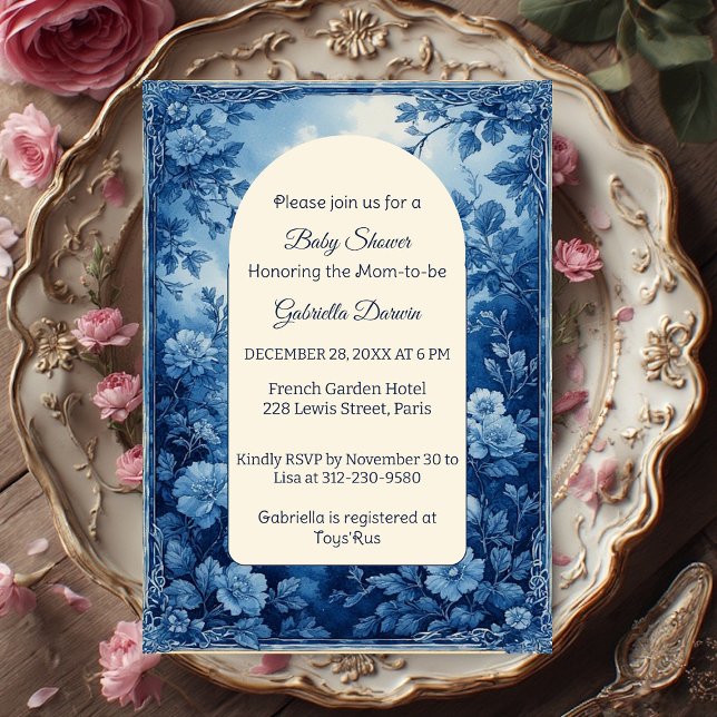 Convite de Chuvada de Bebê em Indigo Parisiense To (Classic Vintage French Toile Parisian Indigo Baby Shower Invitation)