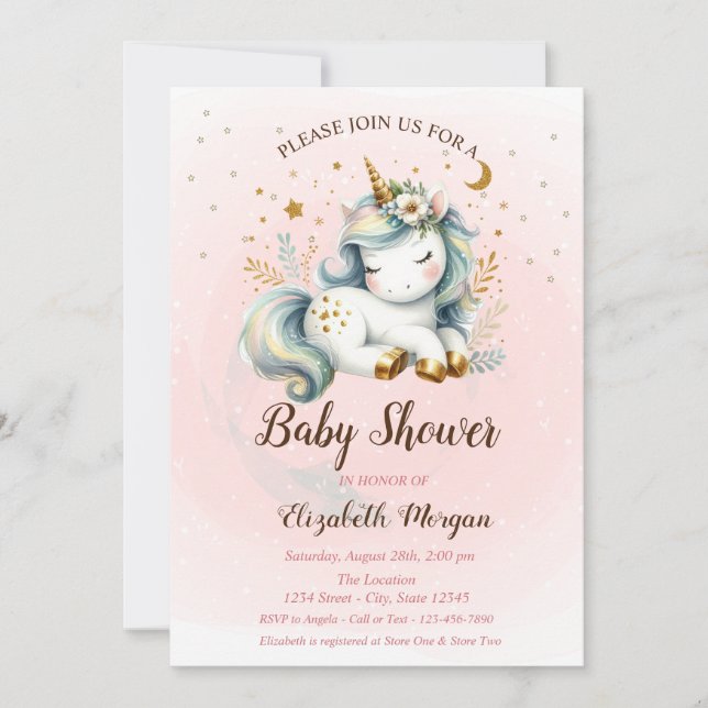 Convite de Chuvada de Bebê Estrelas Unicórnio Fofo (Frente)