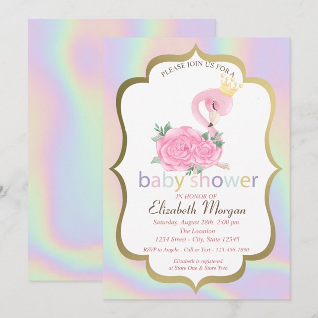 Convite de Chuvada de Bebê Flamingo Rosa Holográfi (Frente/Verso)