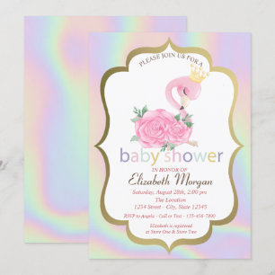 Convite de Chuvada de Bebê Flamingo Rosa Holográfi