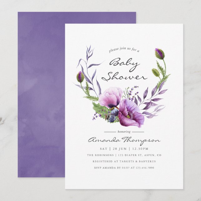 Convite de Chuvada de Bebê Flor de Papoula Violeta (Frente/Verso)