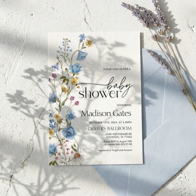 Convite de Chuvada de Bebê Flor Silvestre Azul (Criador carregado)