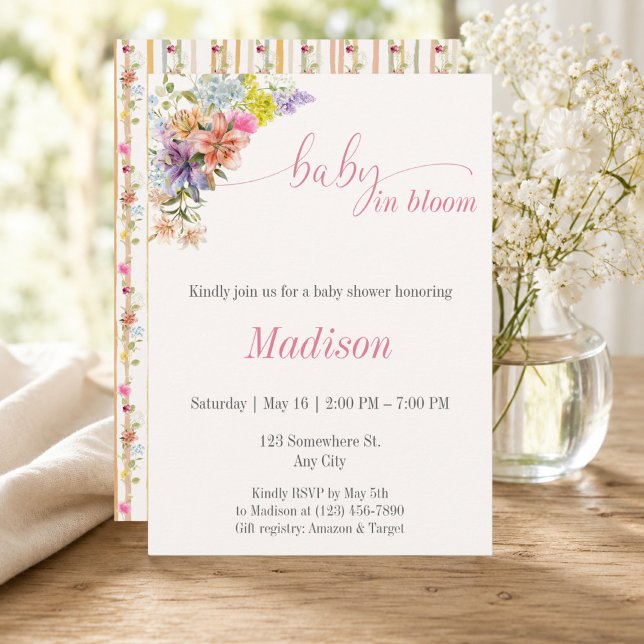 Convite de Chuvada de Bebê Floral Baby in Bloom (Invitation - Front and Back)