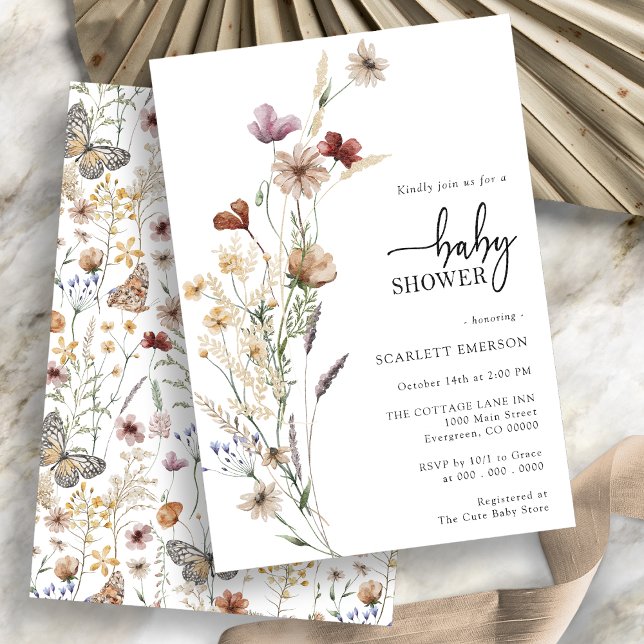 Convite de Chuvada de Bebê Floral Branco (Boho Wildflower Floral Baby Shower Invitation on white background by painted Paperie
)