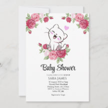 Convite de Chuvada de Bebê Floral de Gato Fofo