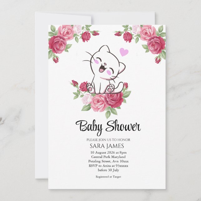 Convite de Chuvada de Bebê Floral de Gato Fofo (Frente)