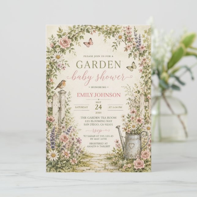 Convite de Chuvada de Bebê Floral de Jardim (Em pé/Frente)