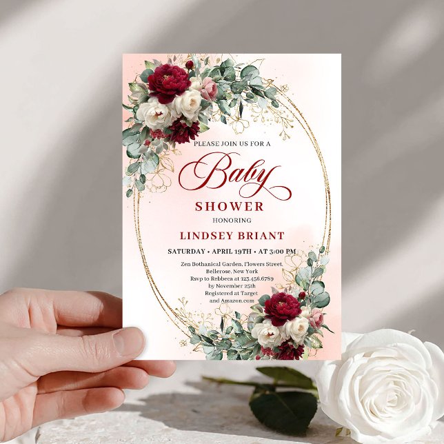 Convite de Chuvada de Bebê Floral Dourado Marsala  (Rustic Marsala Floral Gold Baby Shower Invitation)