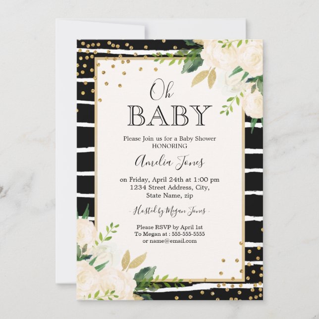Convite de Chuvada de Bebê Floral Dourado Preto Br (Frente)