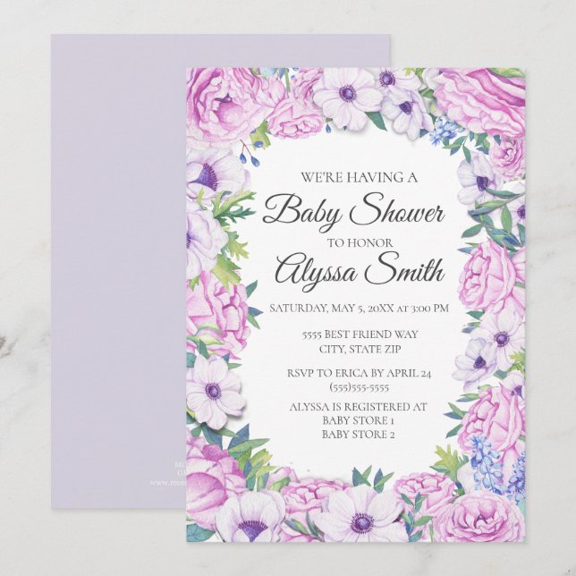 Convite de Chuvada de Bebê Floral Lilás Roxo (Frente/Verso)