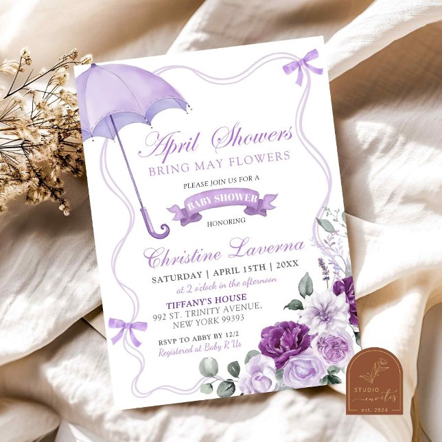 Convite de Chuvada de Bebê Floral Lilás Roxo de Ab (Criador carregado)