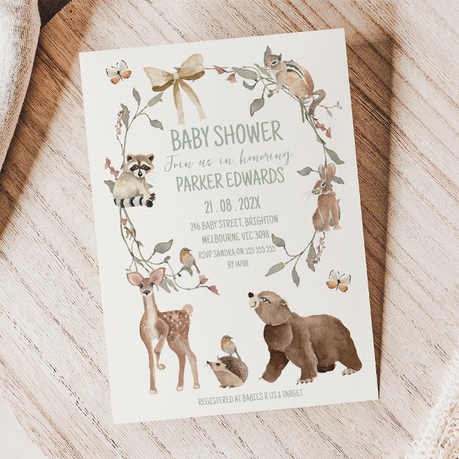 Convite de Chuvada de Bebê Floresta Marrom Rústico (Gender Neutral Woodland Baby Shower Invitation Template, Woodland Animal Baby Shower Invite, Rustic )