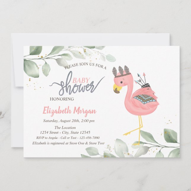 Convite de Chuvada de Bebê Folhas de Flamingo Boho (Frente)