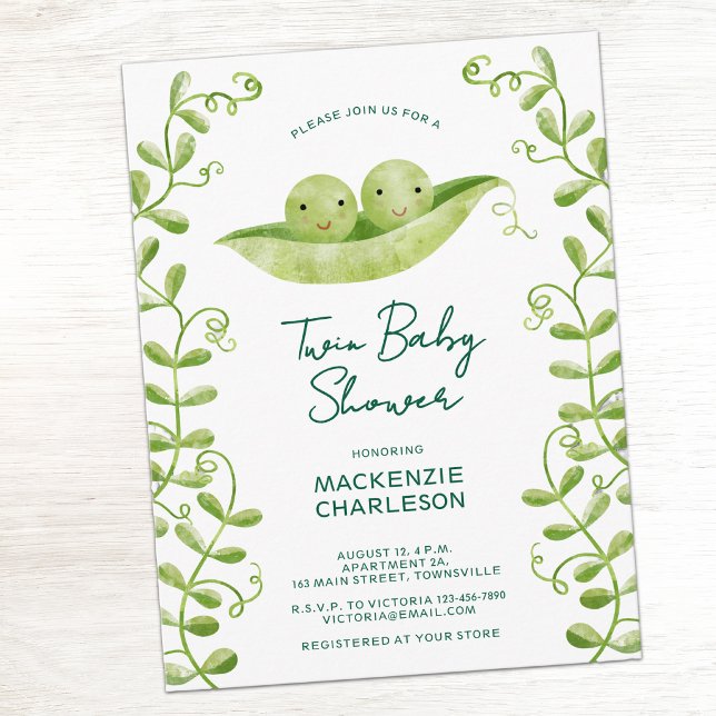 Convite de Chuvada de Bebê Gêmeos Duas Ervilhas em (Two peas in a pod twin baby shower invitation postcards)