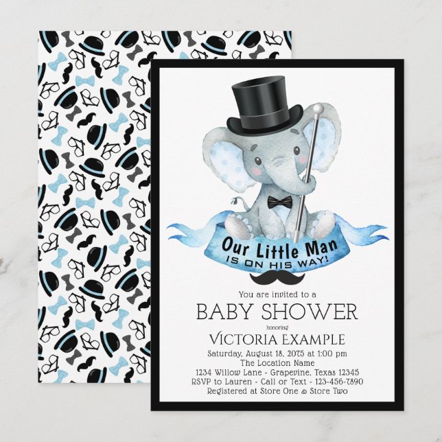 Convite de Chuvada de Bebê Little Man Dapper Eleph (Frente/Verso)