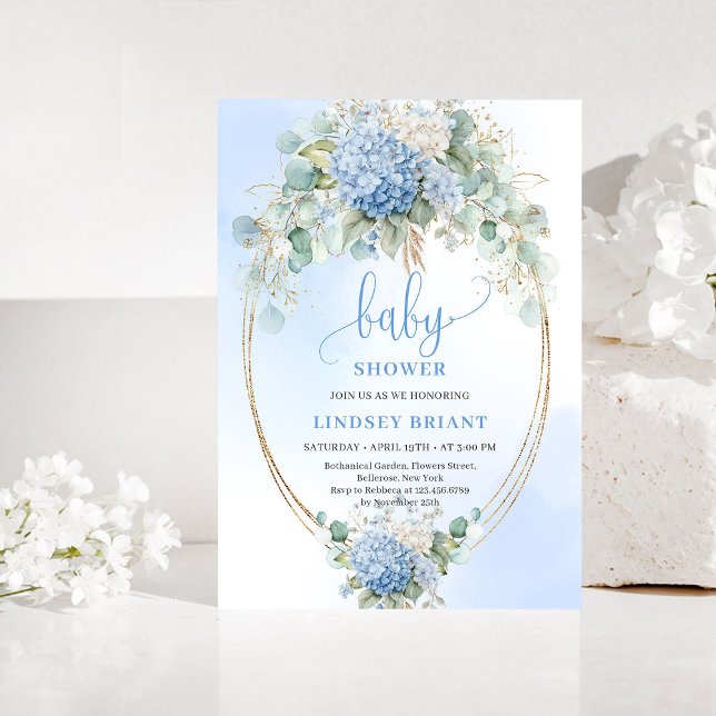Convite de Chuvada de Bebê Luxuoso Boêmio em Azul  (Luxury Bohemian Blue Hydrangea Baby Shower Invitation)