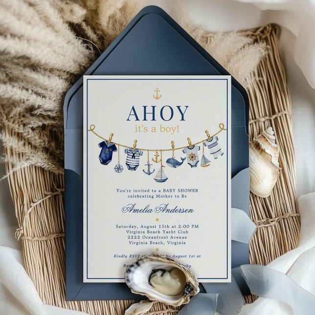 Convite de Chuvada de Bebê Marítimo É um Menino na (Ahoy It's a Boy - Nautical Clothesline Baby Shower Invitation)