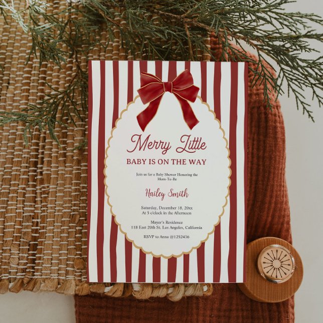 Convite de Chuvada de Bebê Menina Alegre (Merry Little Baby Christmas shower invitation with a classic red bow and festive holiday details. 🎀)