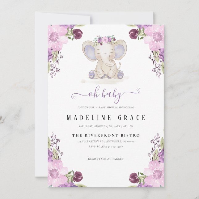 Convite de Chuvada de Bebê Menina Elefante Roxo (Frente)