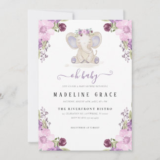 Convite de Chuvada de Bebê Menina Elefante Roxo