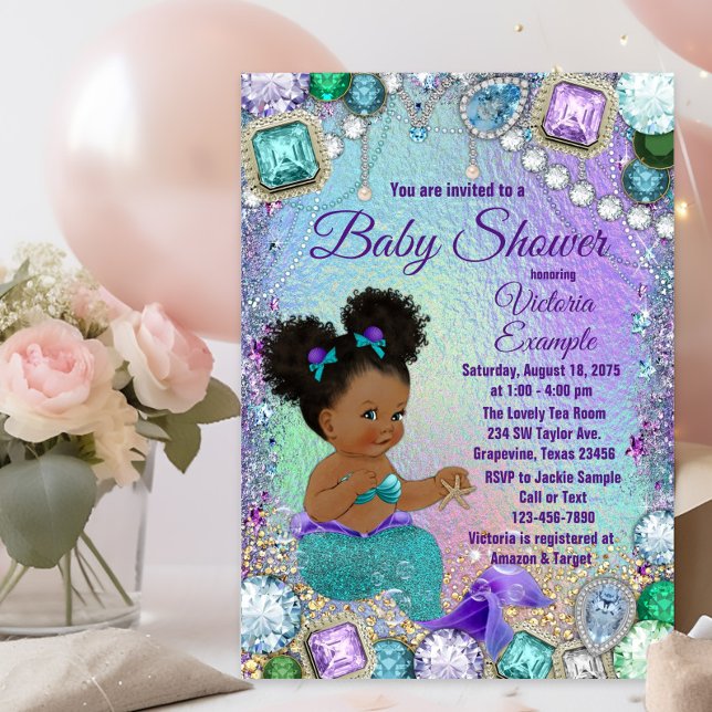 Convite de Chuvada de Bebê Menina Sirena Joia Afro (Postcard baby shower invitation. You can add your return address to the back to save time.)