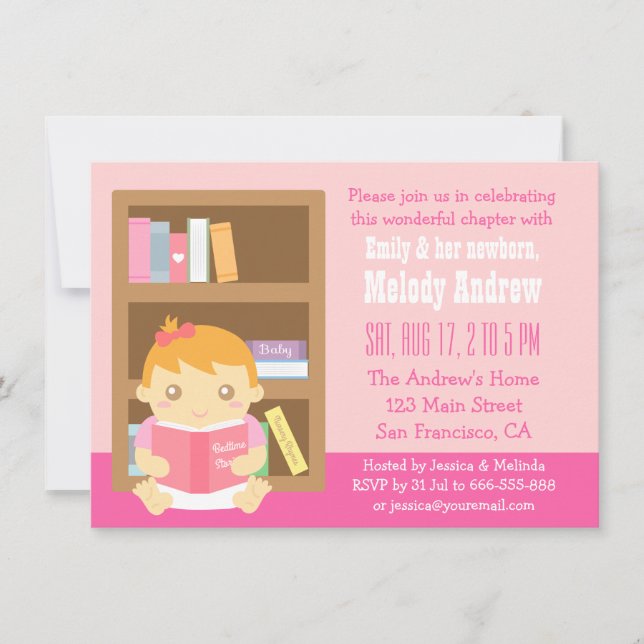 Convite de Chuvada de Bebê Menina Tema de Livro Fo (Frente)