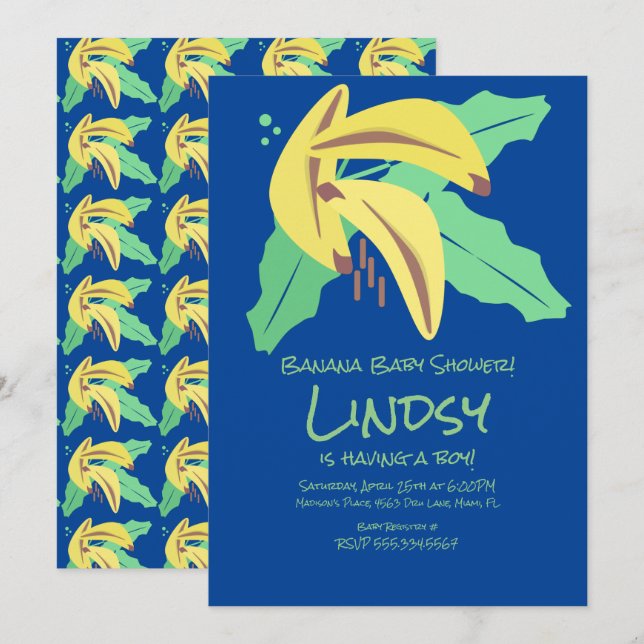 Convite de Chuvada de Bebê Menino Azul Banana Retr (Frente/Verso)