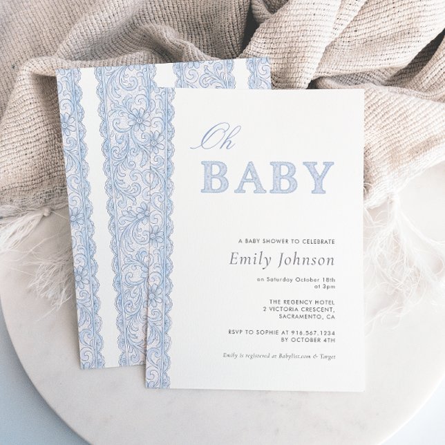 Convite de Chuvada de Bebê Menino Blue Lace Oh Bab (Criador carregado)