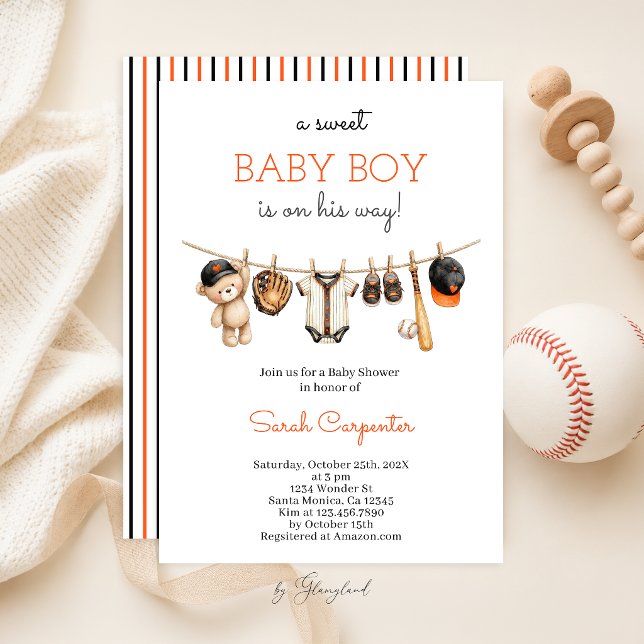Convite de Chuvada de Bebê Menino de Beisebol (Criador carregado)