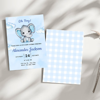 Convite de Chuvada de Bebê Menino Elefante Azul Fo
