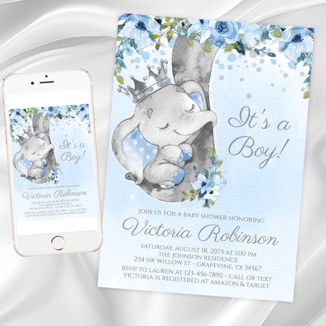 Convite de Chuvada de Bebê Menino Príncipe Elefant (Elephant prince baby shower invitation. Instant download and printed invitations available.)