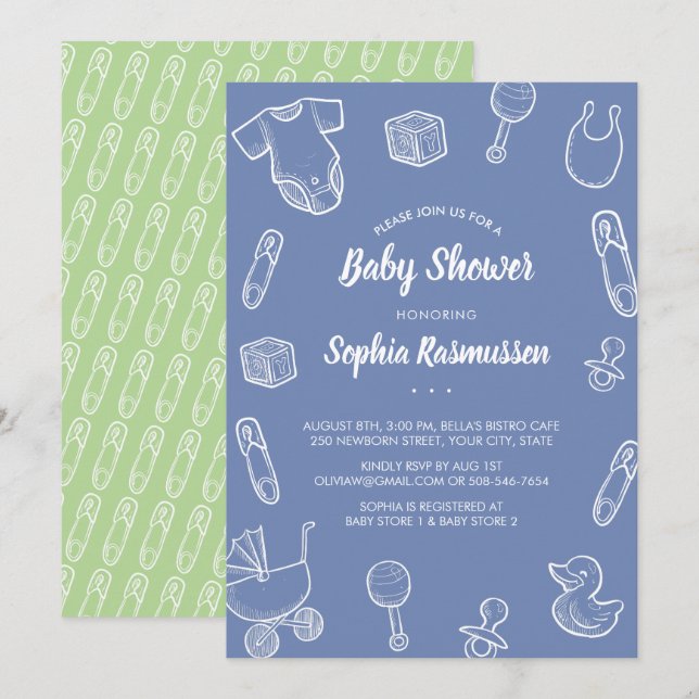 Convite de Chuvada de Bebê Menino Roupas Brinquedo (Frente/Verso)