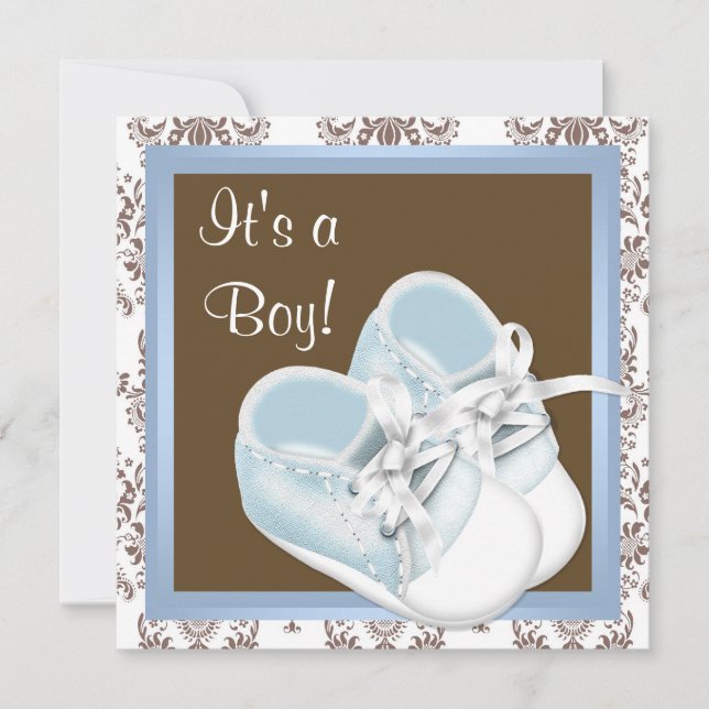 Convite de Chuvada de Bebê Menino Sapatos Damask A (Frente)