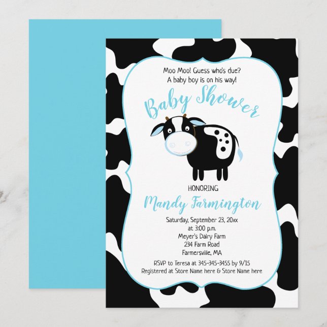 Convite de Chuvada de Bebê Menino Vaca de Fazenda  (Frente/Verso)