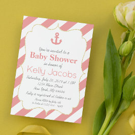 Convite de Chuvada de Bebê Náutico Coral e Dourado
