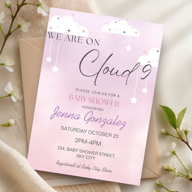 Convite de Chuvada de Bebê Nuvem 9 Menina Rosa (Cloud Nine 9 Girl Pink Baby Shower Invitation)