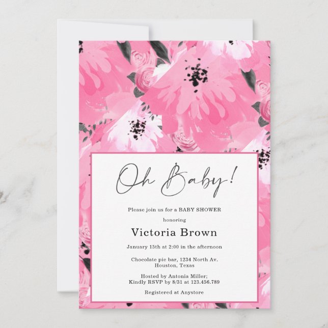Convite de Chuvada de Bebê Oh Baby Floral Rosa (Frente)