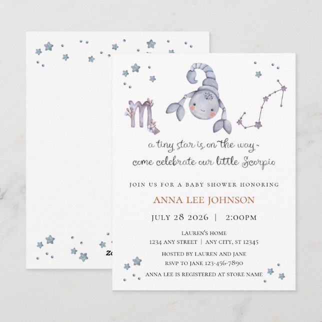 Convite de Chuvada de Bebê para Escorpião Zodíaco (Frente/Verso)