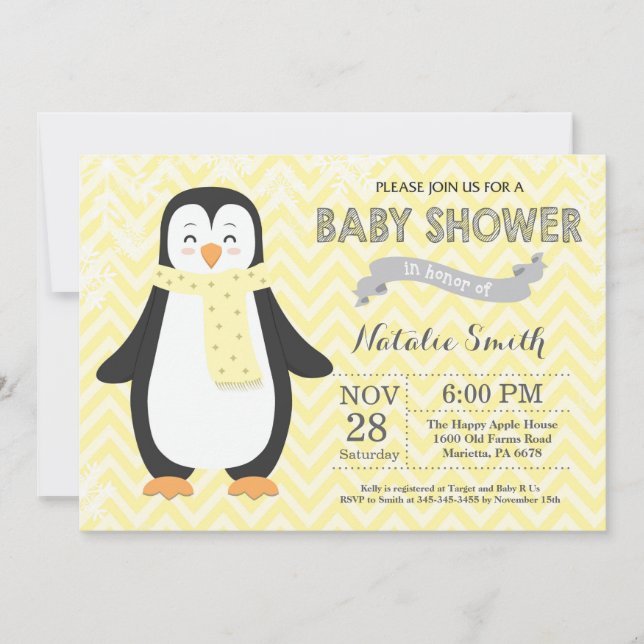 Convite de Chuvada de Bebê Pinguim Amarelo de Inve (Frente)