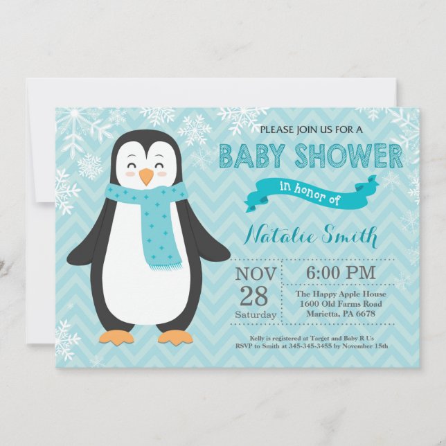Convite de Chuvada de Bebê Pinguim Aqua de Inverno (Frente)
