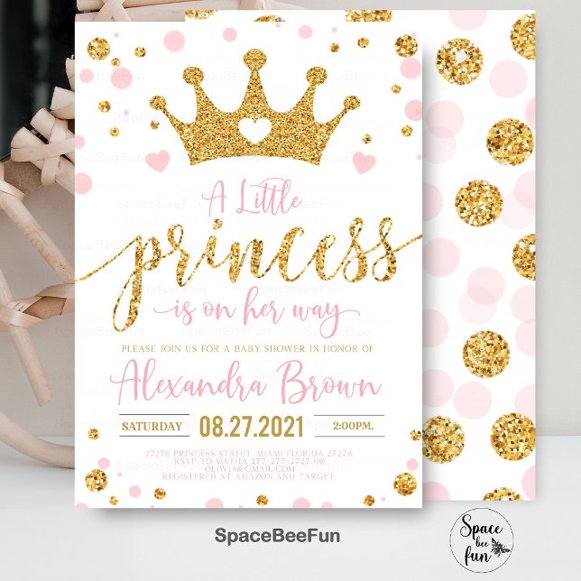 Convite de Chuvada de Bebê Princesa, Pequena Princ (Princess Baby Shower Invitation, Pink and Gold Little Princess Invitations, Princess invites)