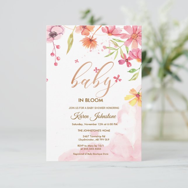 Convite de Chuvada de Bebê Quadro de Flores Silves (Em pé/Frente)