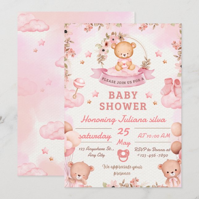 Convite de Chuvada de Bebê Rosa e Marrom (Frente/Verso)