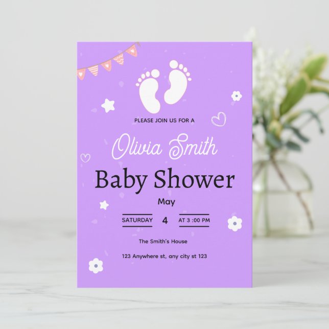 Convite de Chuvada de Bebê Roxo com Pezinhos de Be (Em pé/Frente)